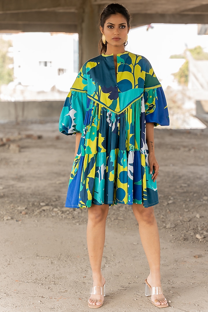 Blue Cotton Satin Mini Vacation Dress by Pooja & Keyur at Pernia's Pop Up Shop