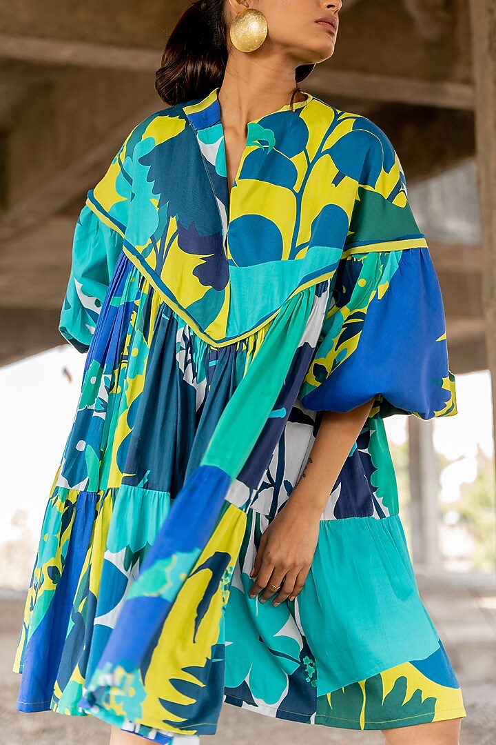 Blue Cotton Satin Mini Vacation Dress by Pooja & Keyur at Pernia's Pop Up Shop