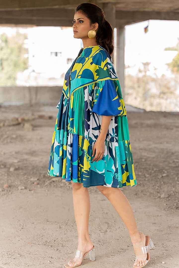 Blue Cotton Satin Mini Vacation Dress by Pooja & Keyur at Pernia's Pop Up Shop