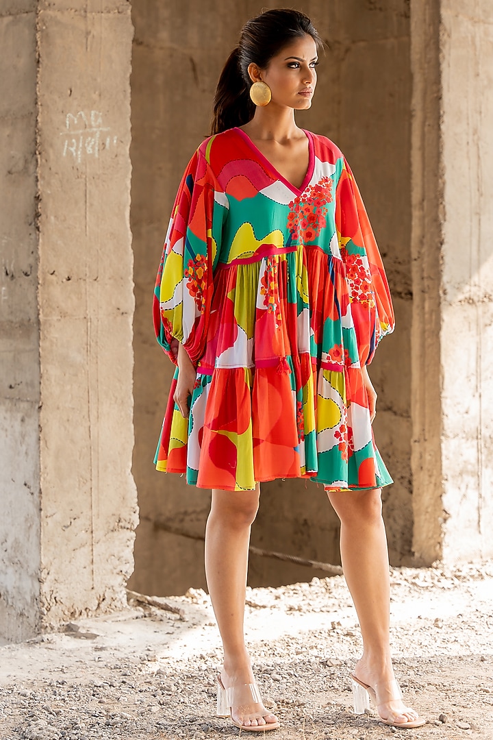 Multi-Colored Cotton Satin Mini Vacation Dress by Pooja & Keyur at Pernia's Pop Up Shop