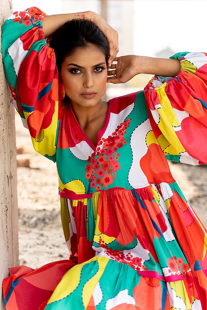 Multi-Colored Cotton Satin Mini Vacation Dress by Pooja & Keyur at Pernia's Pop Up Shop