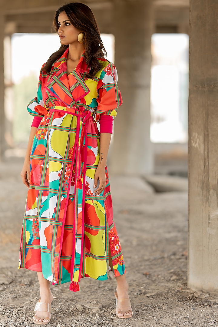 Multi-Colored Cotton Satin Printed Trench Dress by Pooja & Keyur