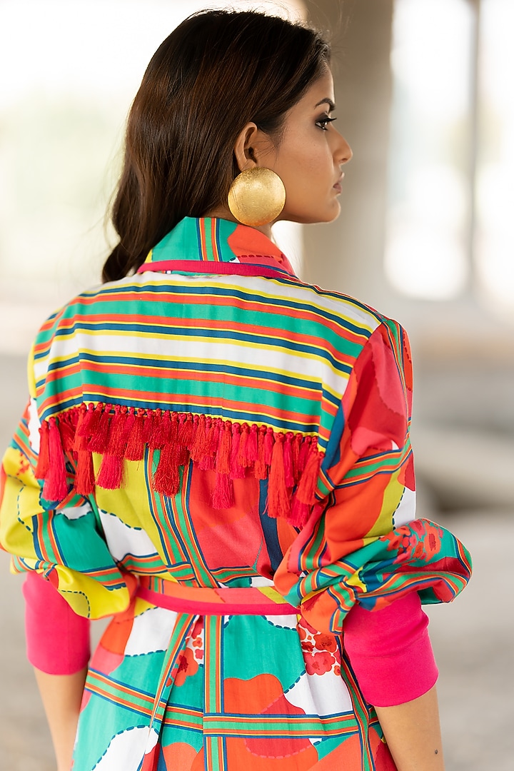Multi-Colored Cotton Satin Printed Trench Vacation Dress by Pooja & Keyur at Pernia's Pop Up Shop
