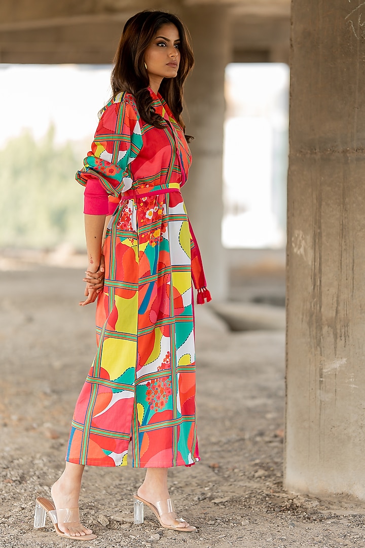 Multi-Colored Cotton Satin Printed Trench Vacation Dress by Pooja & Keyur at Pernia's Pop Up Shop