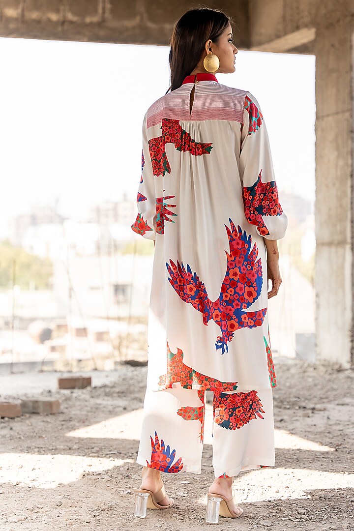 White Satin Printed Kurta Set by Pooja & Keyur at Pernia's Pop Up Shop