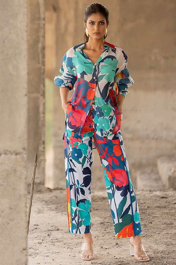 Multi-Colored Voil Silk & Cotton Satin Co-Ord Set by Pooja & Keyur at Pernia's Pop Up Shop