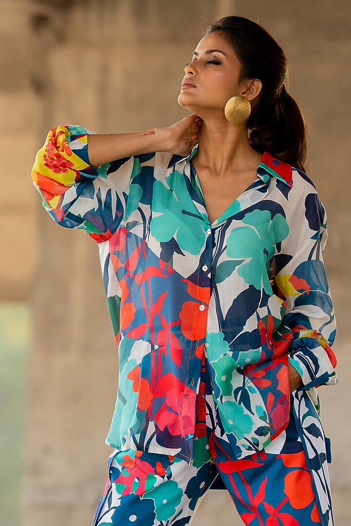 Multi-Colored Voil Silk & Cotton Satin Co-Ord Set by Pooja & Keyur at Pernia's Pop Up Shop