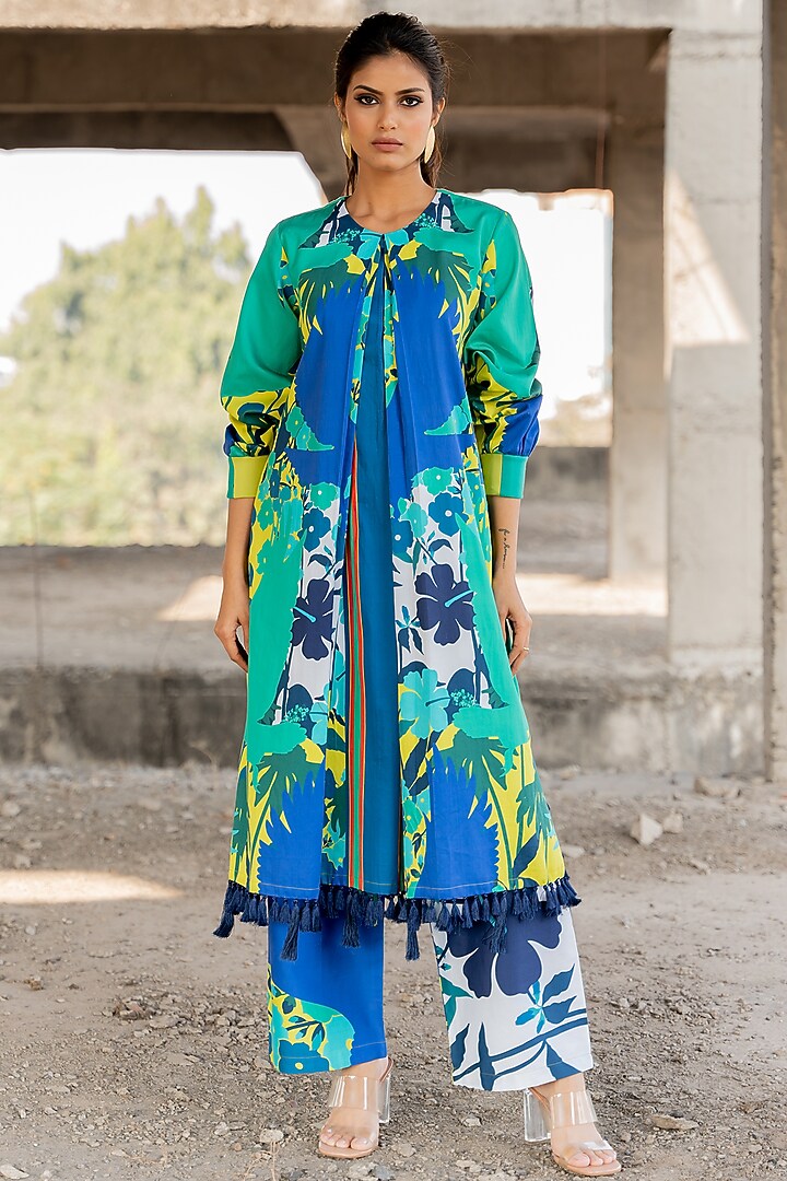 Blue Cotton Satin kurta Set by Pooja & Keyur at Pernia's Pop Up Shop