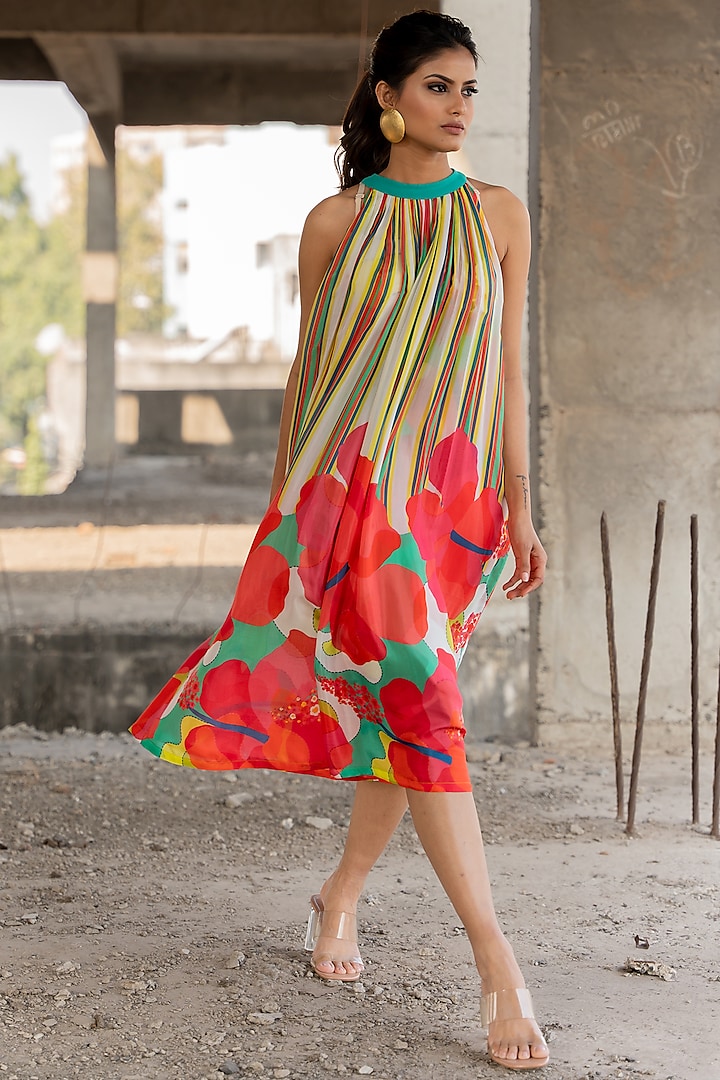Multi-Colored Voile Silk Striped Midi Dress by Pooja & Keyur