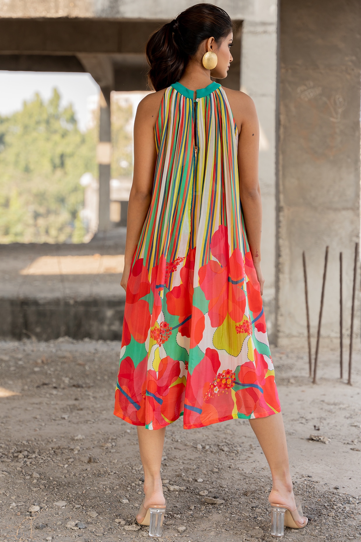 Multi Colored Voile Silk Striped Midi Dress Design by Pooja