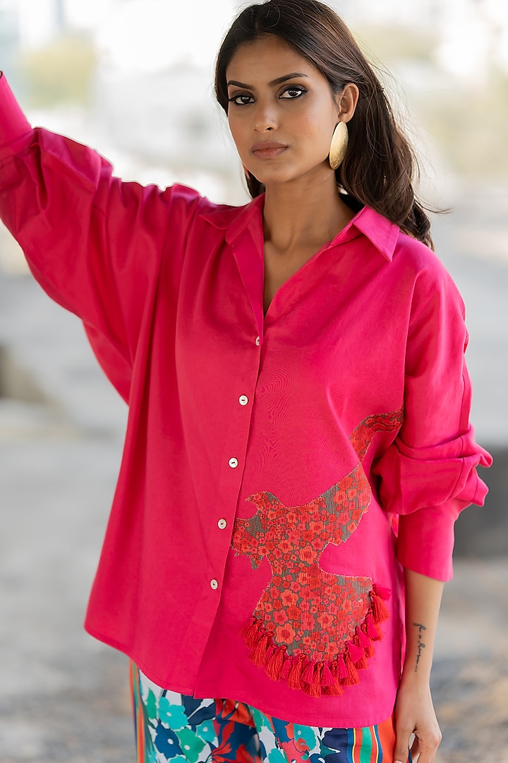 Pink Cotton Satin Embroidered Shirt by Pooja & Keyur