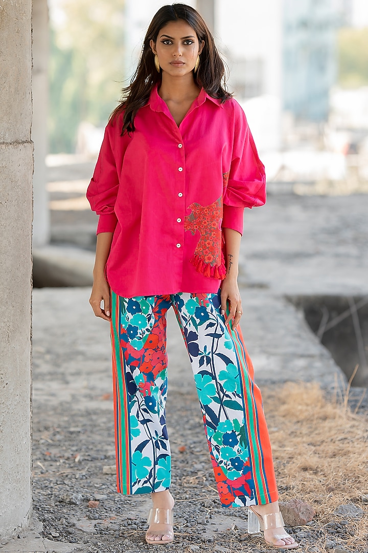 Pink Cotton Satin Embroidered Shirt by Pooja & Keyur at Pernia's Pop Up Shop