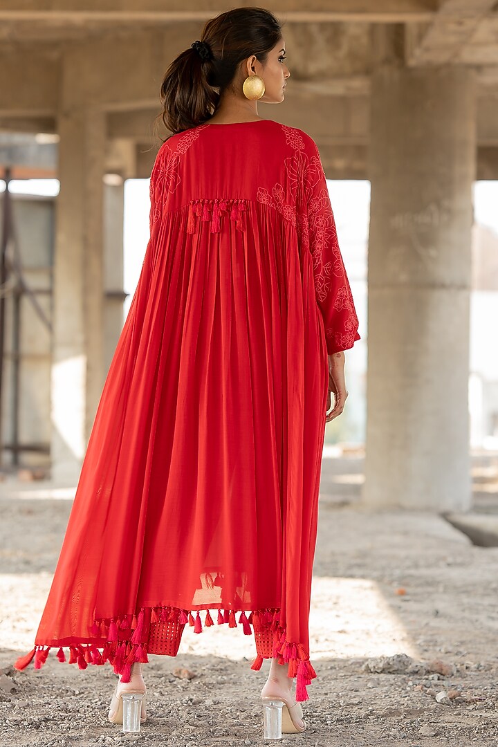 Red Voile Silk & Chanderi Embroidered Party Wear Anarkali Set by Pooja & Keyur at Pernia's Pop Up Shop