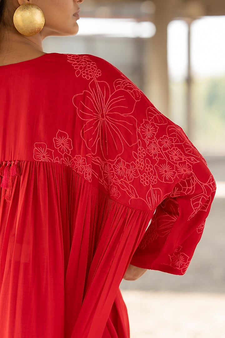 Red Voile Silk & Chanderi Embroidered Party Wear Anarkali Set by Pooja & Keyur at Pernia's Pop Up Shop