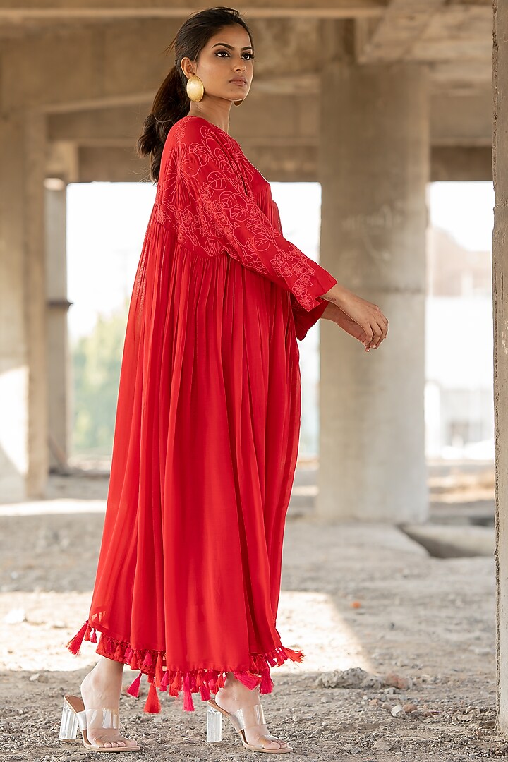 Red Voile Silk & Chanderi Embroidered Party Wear Anarkali Set by Pooja & Keyur at Pernia's Pop Up Shop