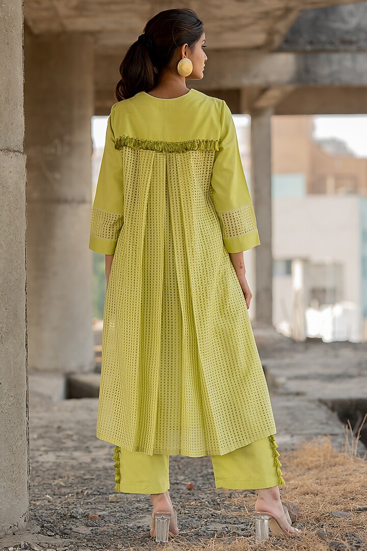 Lime Cotton Satin & Chanderi Embroidered Kurta Set by Pooja & Keyur at Pernia's Pop Up Shop