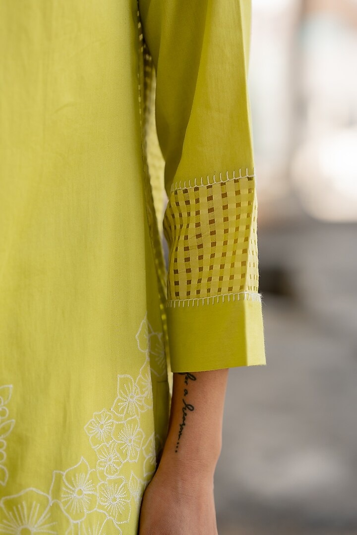Lime Cotton Satin & Chanderi Embroidered Kurta Set by Pooja & Keyur at Pernia's Pop Up Shop