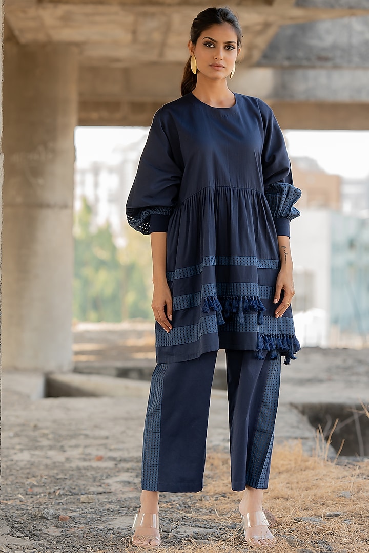 Blue Cotton Satin Co-Ord Set by Pooja & Keyur at Pernia's Pop Up Shop