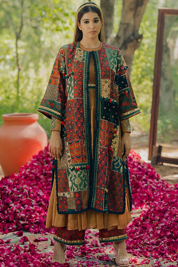 Multi-Colored Cotton Silk & Velvet Jacket by Pooja & Keyur