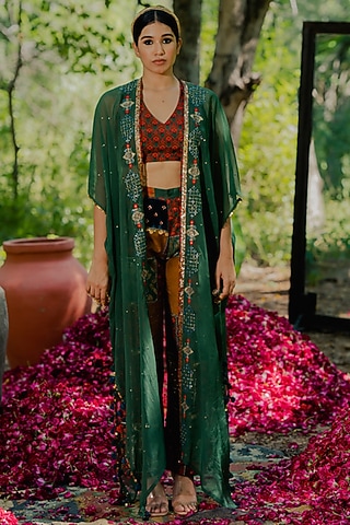 Green Organza Embroidered Cape Set by Pooja & Keyur