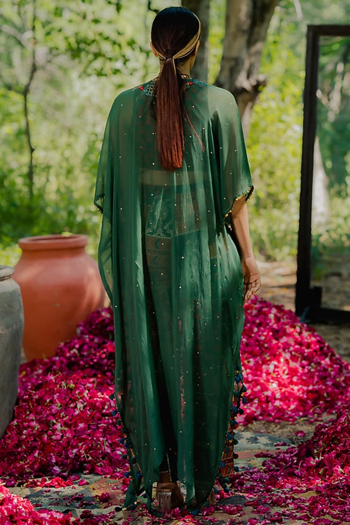 Green Organza Embroidered Cape Set by Pooja & Keyur at Pernia's Pop Up Shop