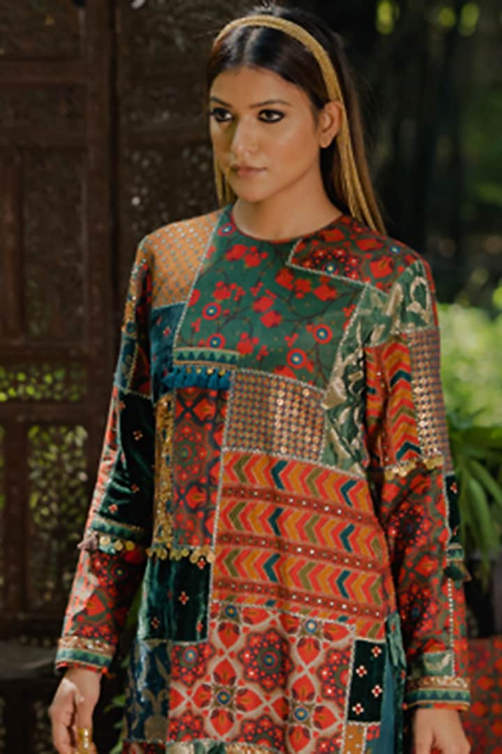 Multi-Colored Cotton Silk & Velvet Patchwork Kurta Set by Pooja & Keyur at Pernia's Pop Up Shop