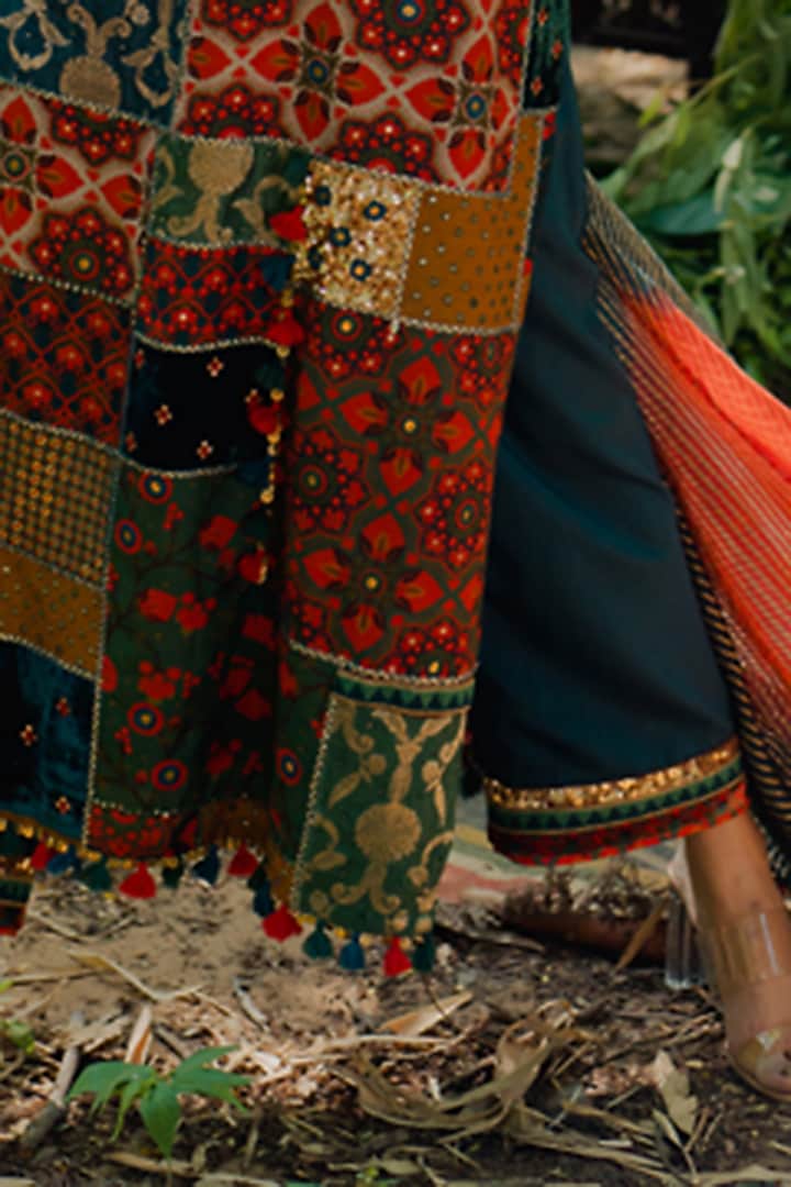 Multi-Colored Cotton Silk & Velvet Patchwork Kurta Set by Pooja & Keyur at Pernia's Pop Up Shop