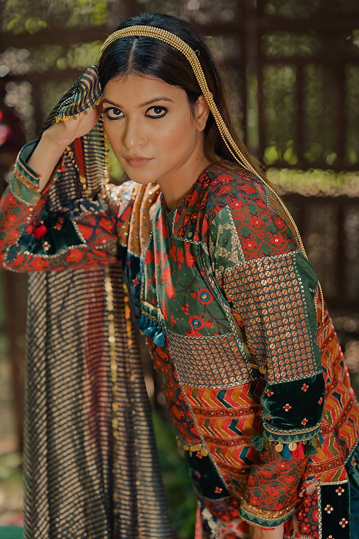 Multi-Colored Cotton Silk & Velvet Patchwork Kurta Set by Pooja & Keyur at Pernia's Pop Up Shop
