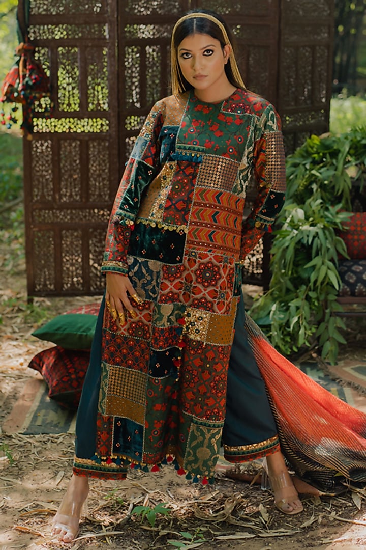 Multi-Colored Cotton Silk & Velvet Patchwork Kurta Set by Pooja & Keyur at Pernia's Pop Up Shop
