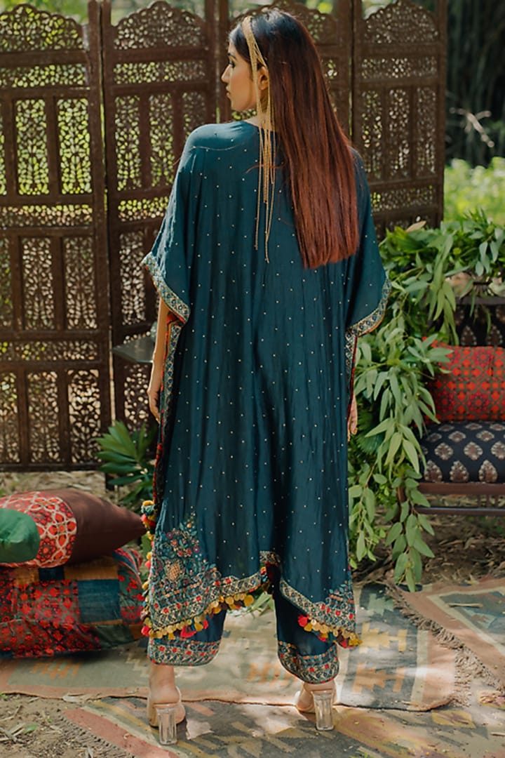 Teal Silk Embroidered Kaftan Set by Pooja & Keyur at Pernia's Pop Up Shop