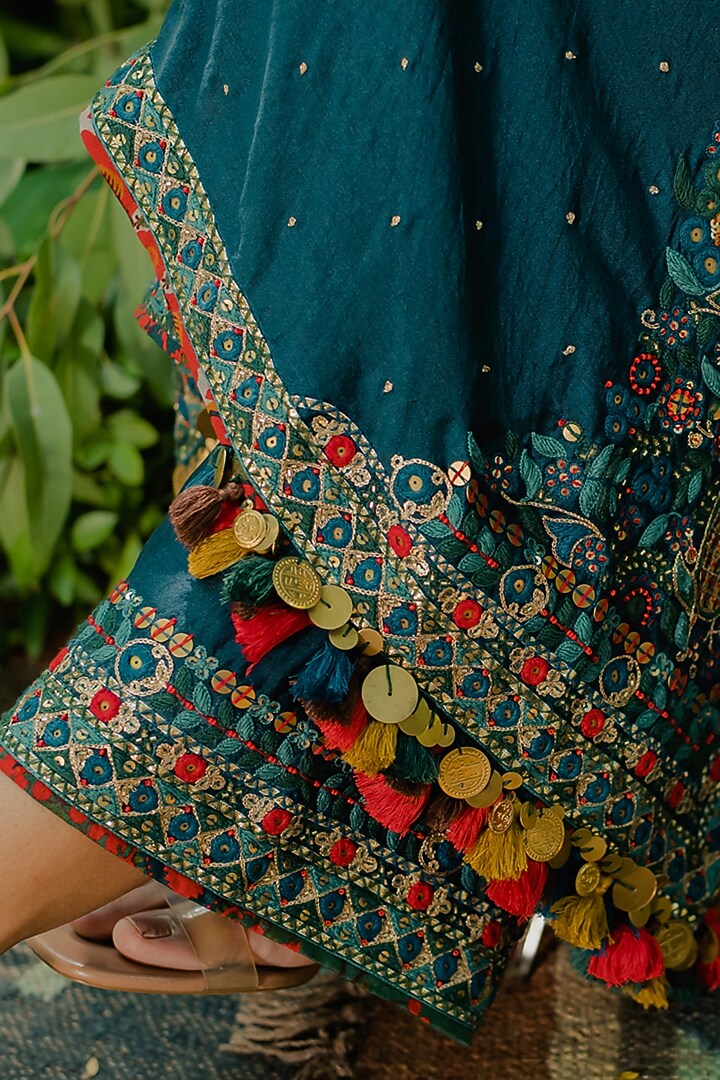 Teal Silk Embroidered Kaftan Set by Pooja & Keyur at Pernia's Pop Up Shop