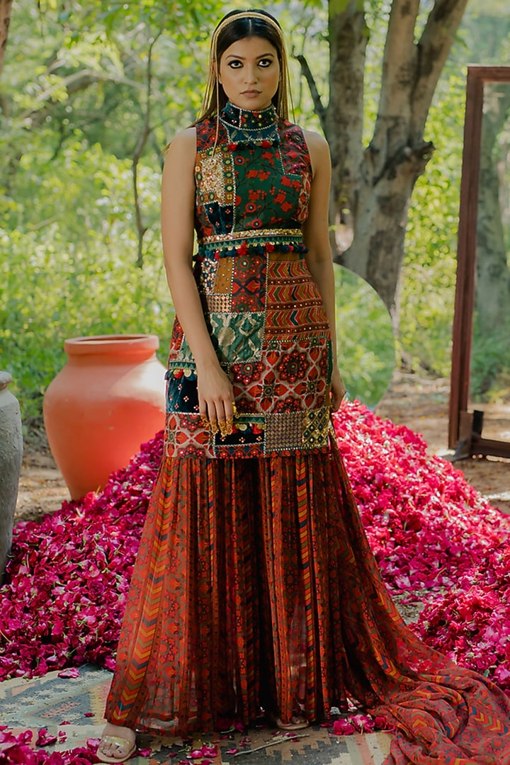 Multi-Colored Chiffon Printed Wedding Sharara Set by Pooja & Keyur at Pernia's Pop Up Shop