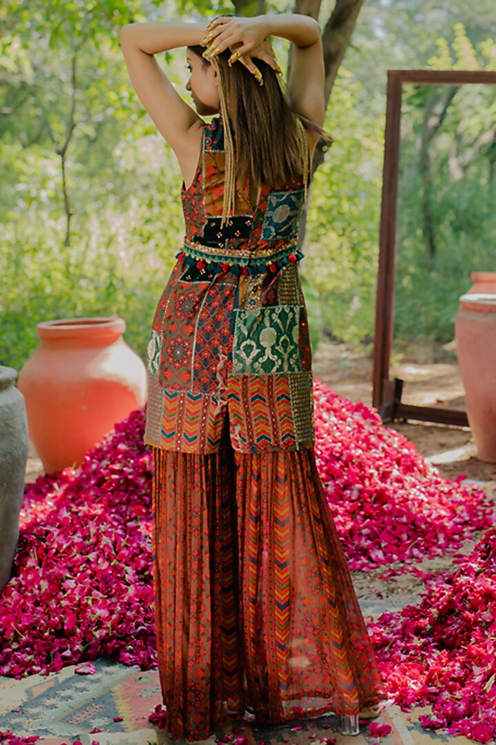 Multi-Colored Chiffon Printed Wedding Sharara Set by Pooja & Keyur at Pernia's Pop Up Shop