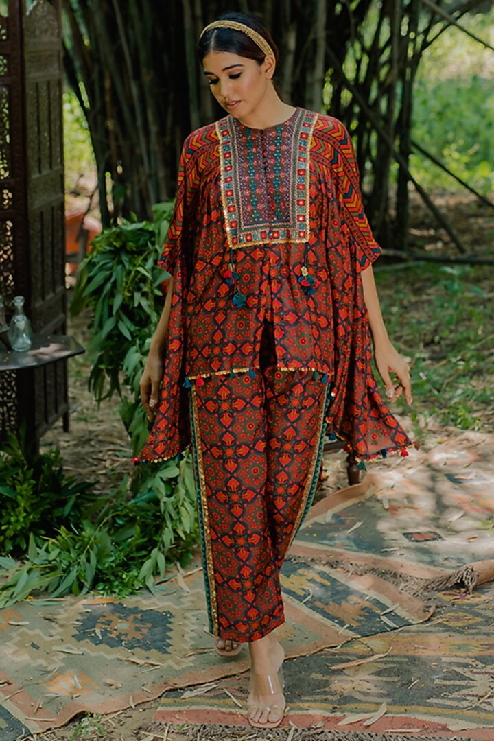 Brown Cotton Silk Printed & Embroidered Kaftan Set by Pooja & Keyur at Pernia's Pop Up Shop