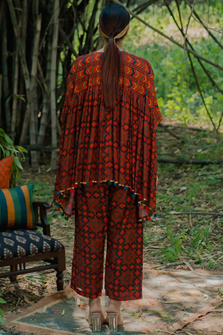 Brown Cotton Silk Printed & Embroidered Kaftan Set by Pooja & Keyur at Pernia's Pop Up Shop