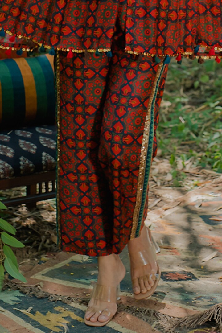 Brown Cotton Silk Printed & Embroidered Kaftan Set by Pooja & Keyur at Pernia's Pop Up Shop