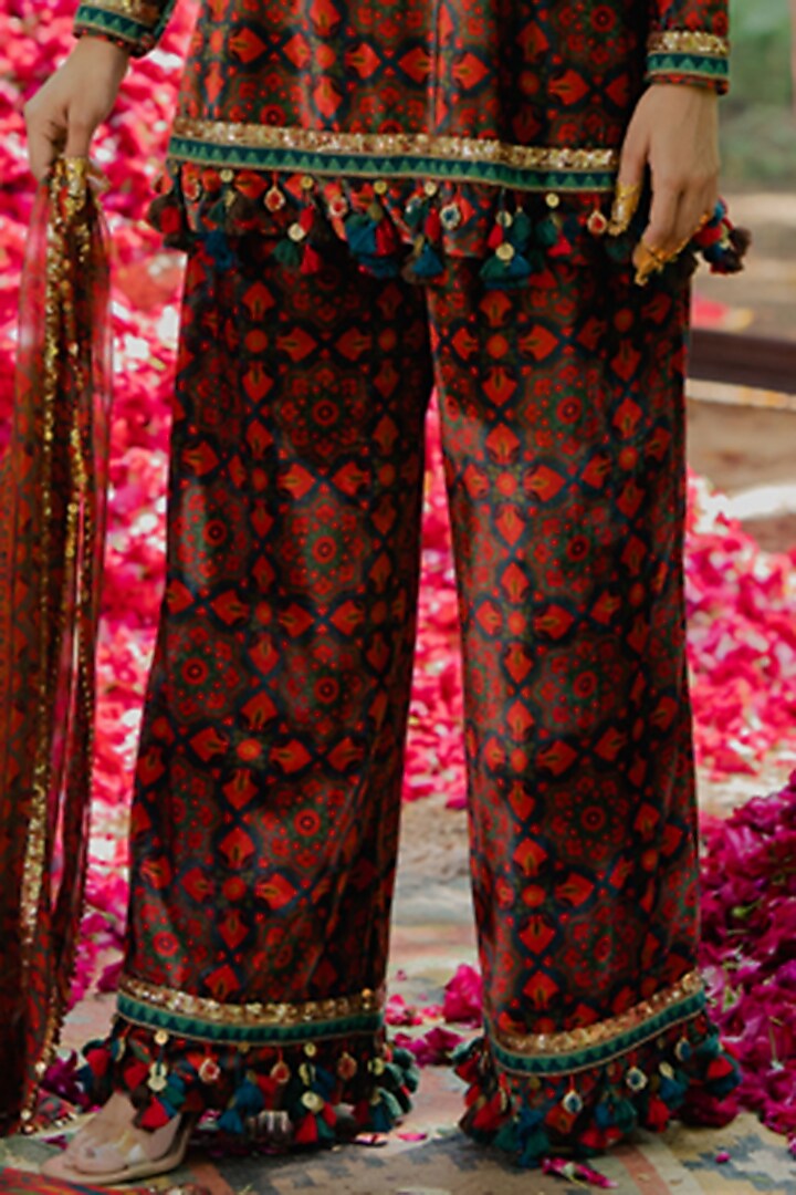 Brown Velvet Printed & Embroidered Kurta Set by Pooja & Keyur at Pernia's Pop Up Shop