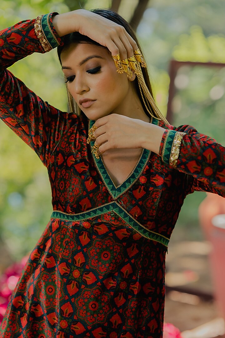 Brown Velvet Printed & Embroidered Kurta Set by Pooja & Keyur at Pernia's Pop Up Shop