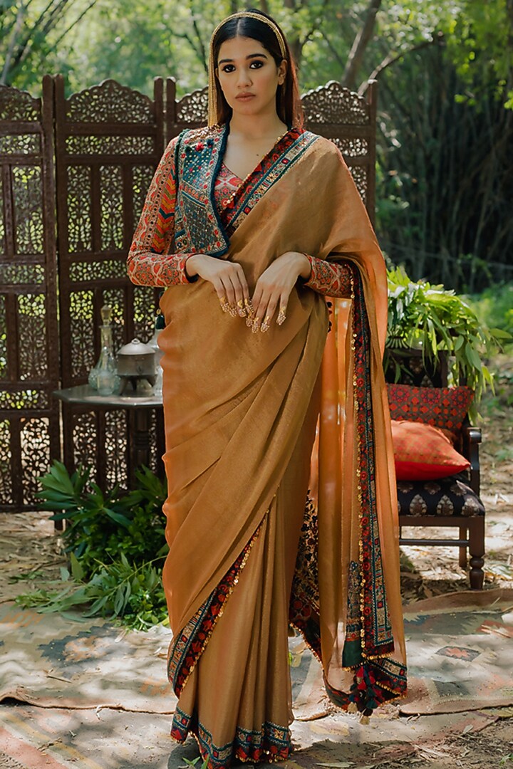 Mustard Tissue Embroidered Wedding Saree by Pooja & Keyur at Pernia's Pop Up Shop