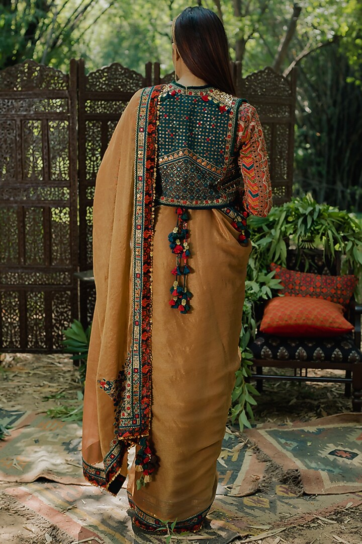 Mustard Tissue Embroidered Wedding Saree by Pooja & Keyur at Pernia's Pop Up Shop