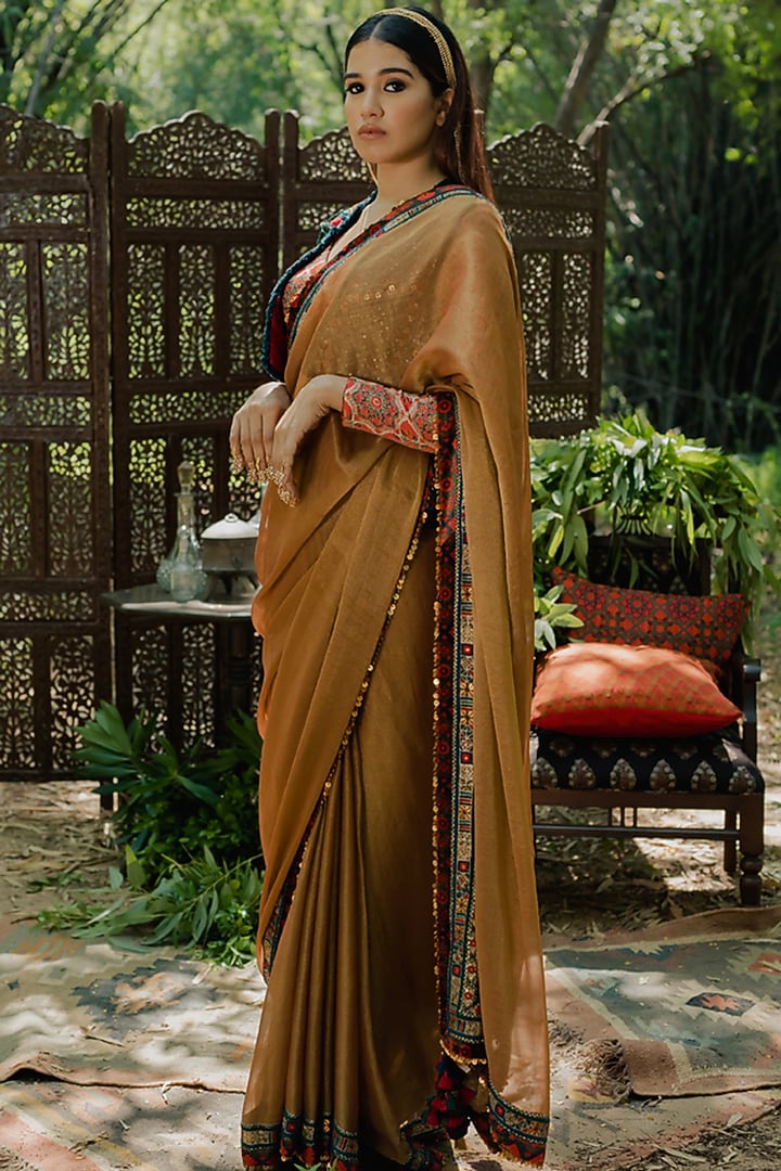 Mustard Tissue Embroidered Wedding Saree by Pooja & Keyur at Pernia's Pop Up Shop