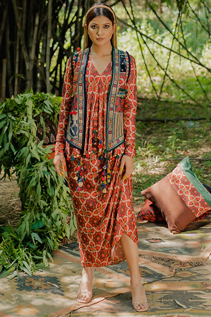 Multi-Colored Cotton Satin Printed Draped Skirt Set by Pooja & Keyur at Pernia's Pop Up Shop