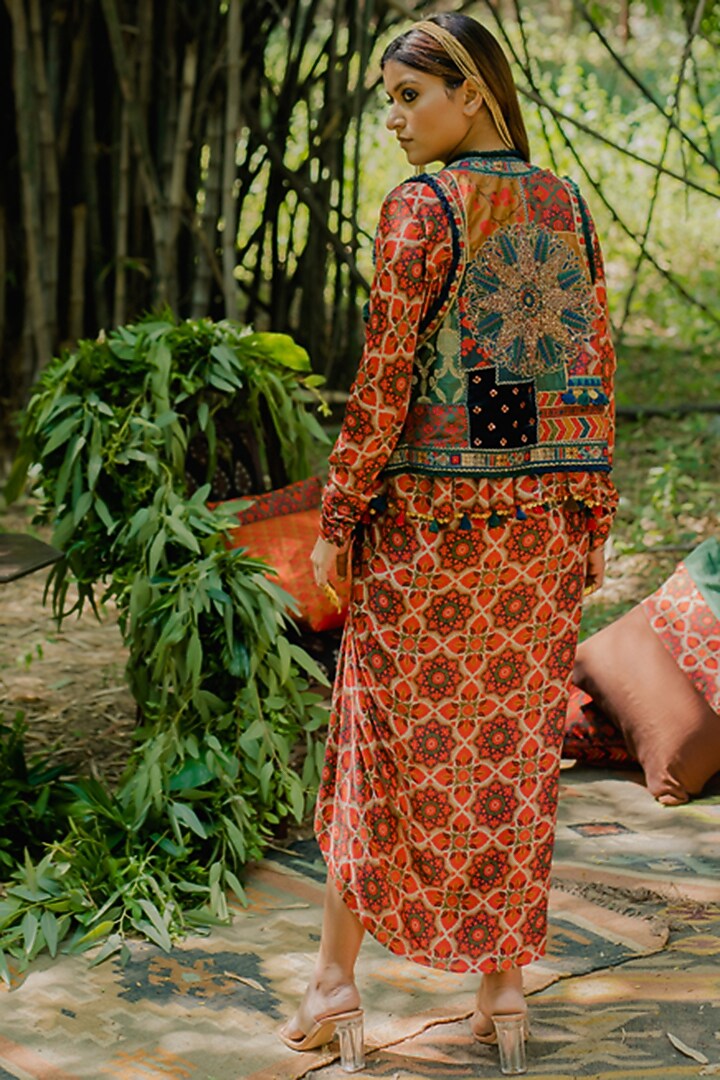 Multi-Colored Cotton Satin Printed Draped Skirt Set by Pooja & Keyur at Pernia's Pop Up Shop