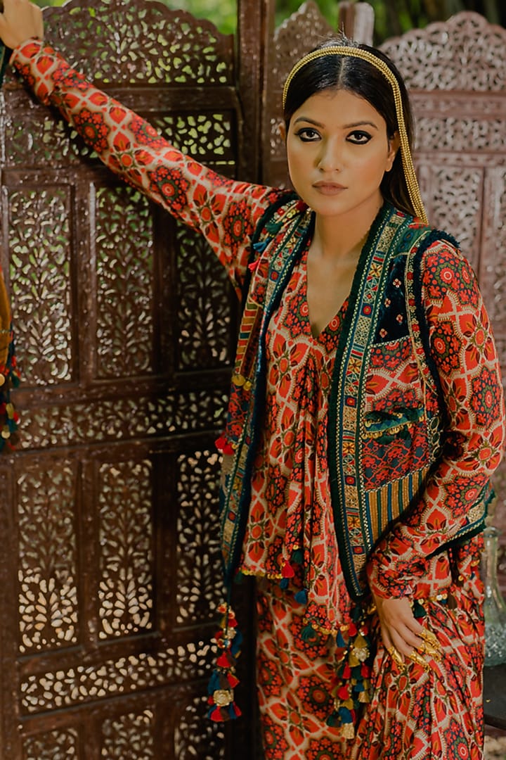 Multi-Colored Cotton Satin Printed Draped Skirt Set by Pooja & Keyur at Pernia's Pop Up Shop
