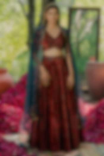 Brown Velvet Printed & Embroidered Wedding Lehenga Set by Pooja & Keyur at Pernia's Pop Up Shop