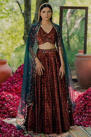 Brown Velvet Printed & Embroidered Lehenga Set by Pooja & Keyur