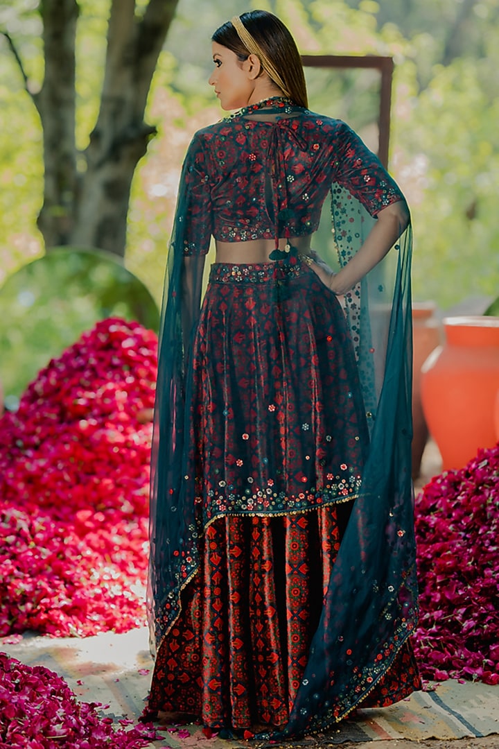 Brown Velvet Printed & Embroidered Wedding Lehenga Set by Pooja & Keyur at Pernia's Pop Up Shop
