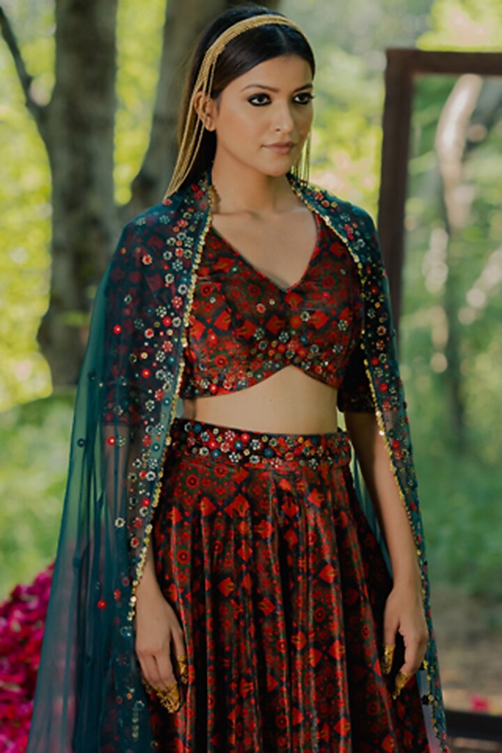 Brown Velvet Printed & Embroidered Wedding Lehenga Set by Pooja & Keyur at Pernia's Pop Up Shop