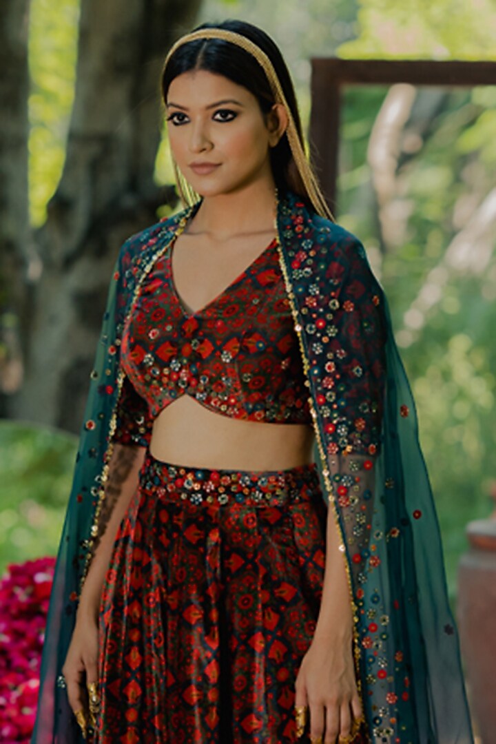 Brown Velvet Printed & Embroidered Wedding Lehenga Set by Pooja & Keyur at Pernia's Pop Up Shop