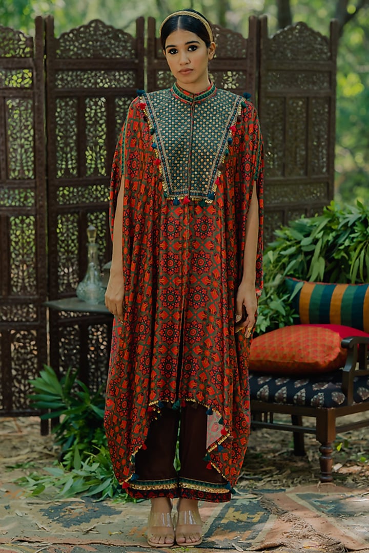Multi-Colored Cotton Satin Printed & Embroidered Kaftan Set by Pooja & Keyur at Pernia's Pop Up Shop